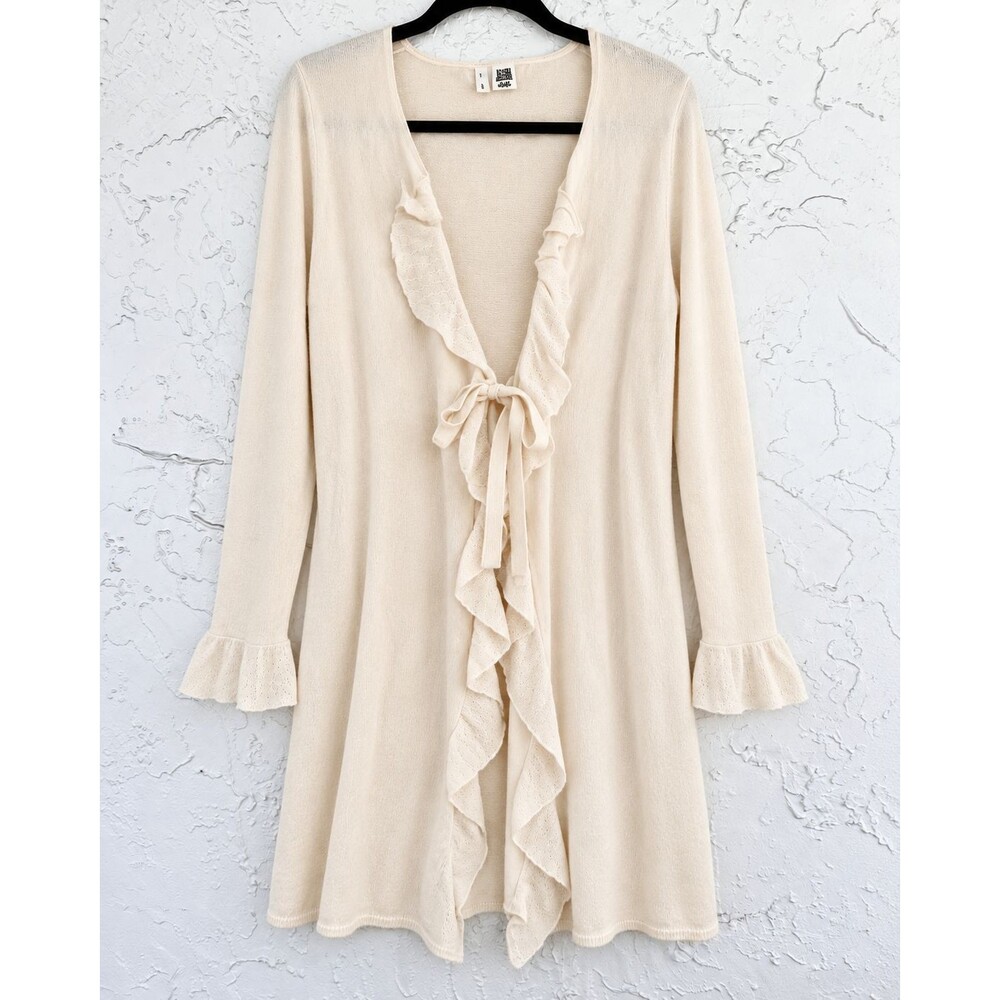 Anthropologie Cream Ruffle Tie-Front Cardigan Sweater